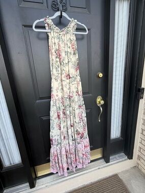 Secret Mission  Floral Ruffle Halter Maxi Dress - Cream with Pink Bloom - S